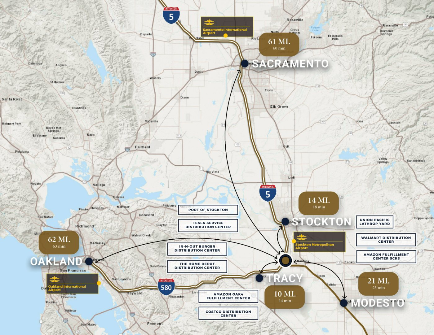 Regional access map keying the subject to the interstate and state route network